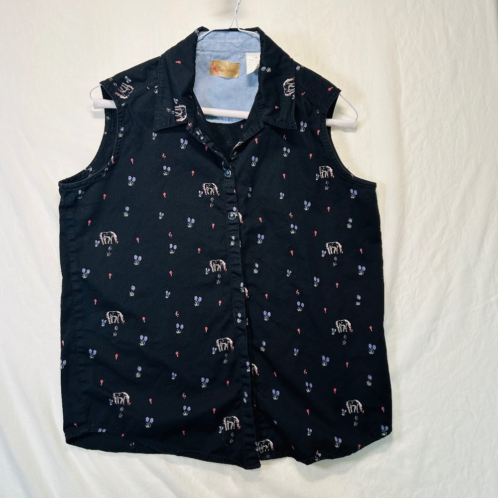 Vintage WRANGLER y2k women's black cotton vest horse pattern flower pearl snap